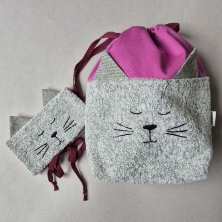 Handmade fabric Cat Bag M + Cat Case Raspberry